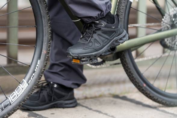 Close-up of black cycling shoes with a sporty look