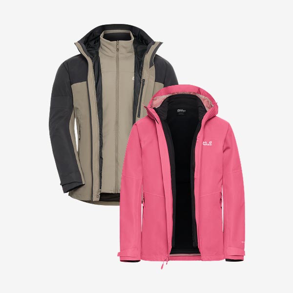 The Wild Places 3in1 Jkt for men in taupe and black and for women in vibrant pink, both featuring hoods and a zip-up design.